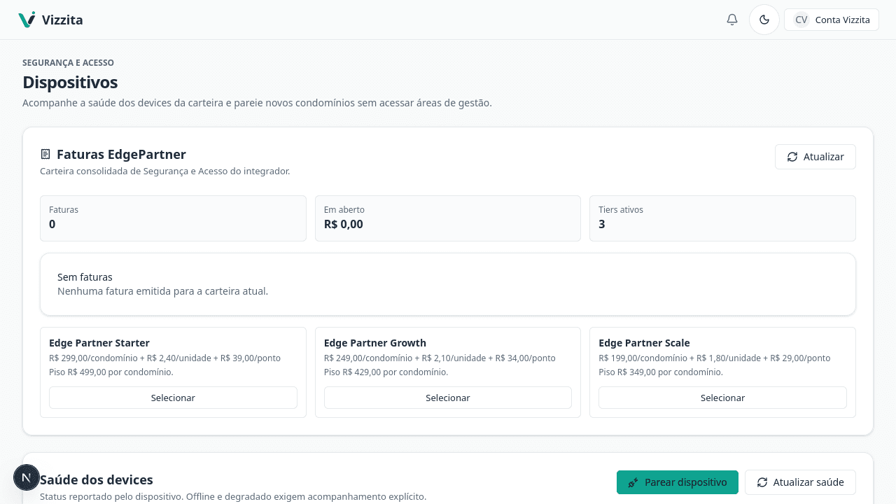 Portal do integrador com faturas EdgePartner, preços de atacado, tiers ativos e saúde dos devices da carteira.
